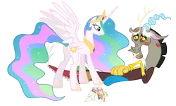 Size: 6144x3696 | Tagged: safe, artist:cultleaderfluttershy, derpibooru import, discord, princess celestia, bouquet, dislestia, female, flower, kiss mark, lipstick, male, shipping, simple background, straight, transparent background, vector