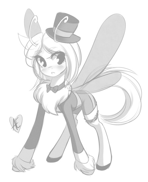 Size: 1280x1575 | Tagged: artist:spittfireart, blushing, bowtie, clothes, derpibooru import, hat, monochrome, mothpony, oc, oc:sepia, original species, safe, shoes, solo, unofficial characters only