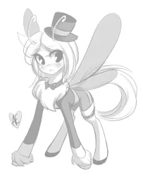 Size: 1280x1575 | Tagged: artist:spittfireart, blushing, bowtie, clothes, derpibooru import, hat, monochrome, mothpony, oc, oc:sepia, original species, safe, shoes, solo, unofficial characters only