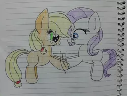 Size: 960x720 | Tagged: safe, artist:magicalponyllama, derpibooru import, applejack, rarity, colored pencil drawing, doodle, female, filly, hoofshake, lesbian, lined paper, paper, photo, rarijack, scrunchy face, shipping, traditional art