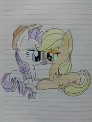 Size: 720x960 | Tagged: safe, artist:magicalponyllama, derpibooru import, applejack, rarity, accessory swap, colored pencil drawing, doodle, female, lesbian, lined paper, paper, rarijack, shipping, sketch, traditional art