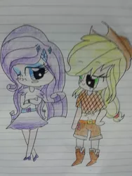 Size: 720x960 | Tagged: safe, artist:magicalponyllama, derpibooru import, applejack, rarity, human, belly button, colored pencil drawing, doodle, female, humanized, lesbian, lined paper, midriff, paper, rarijack, shipping, sketch, traditional art