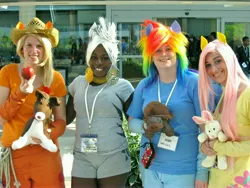 Size: 3648x2736 | Tagged: 2012, applejack, artist needed, artist:sweetapplehonesty, convention, cosplay, derpibooru import, fluttershy, human, irl, irl human, otakon, otakon 2012, photo, plushie, rainbow dash, safe, zecora