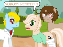Size: 500x375 | Tagged: safe, artist:aha-mccoy, derpibooru import, oc, oc:jay aaron mclovin, oc:terrie ben dover, oc:tony starkehuf, unofficial characters only, earth pony, pony, unicorn, nopony-ask-mclovin, animated, bandage, breaking the fourth wall, broken horn, cast, clothes, doctor, glasses, lab coat, looking at you, male, necktie, speech bubble, stallion