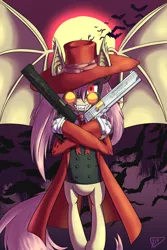 Size: 900x1350 | Tagged: alucard, alushy, artist:paradigmpizza, badass, bat, casull and jackal, clothes, crossover, derpibooru import, flutterbadass, flutterbat, fluttershy, gun, hat, hellsing, pistol, safe, solo