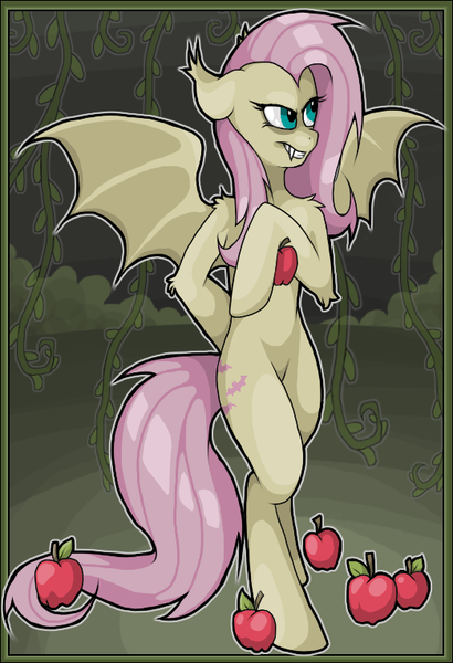 Size: 522x763 | Tagged: safe, artist:wingedwolf94, deleted from derpibooru, derpibooru import, fluttershy, semi-anthro, apple, flutterbat, holding, looking away, smirk, solo, spread wings, standing, vine