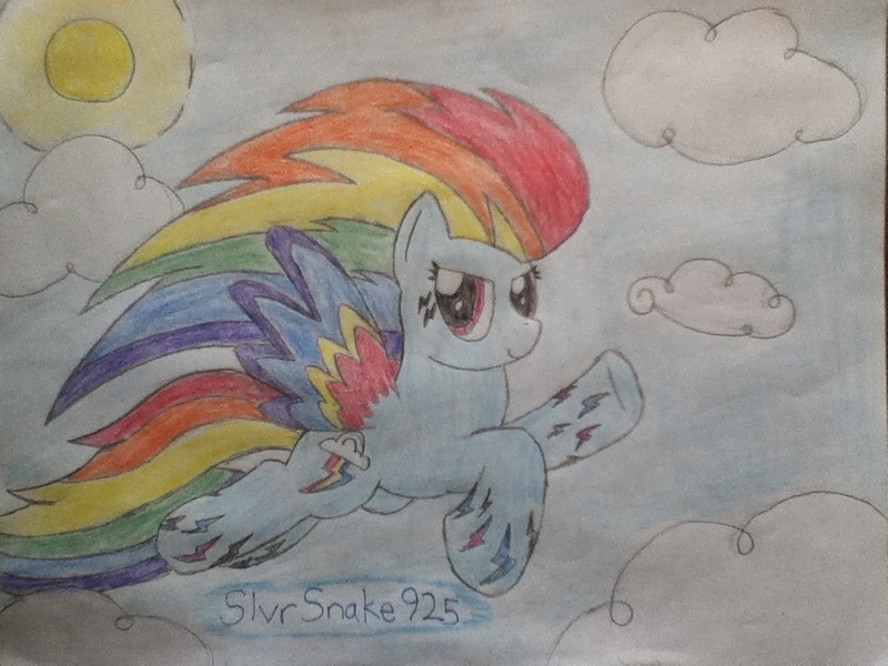 Size: 960x720 | Tagged: artist:slvrsnake925, cloud, cloudy, derpibooru import, flying, rainbow dash, rainbow power, safe, solo, traditional art