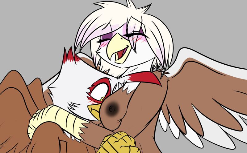 Size: 1444x897 | Tagged: questionable, artist:tallyburd, derpibooru import, oc, oc:alexandra railen, oc:talon pierce, unofficial characters only, anthro, gryphon, breasts, breast squeeze, female, nipples, nudity, wip