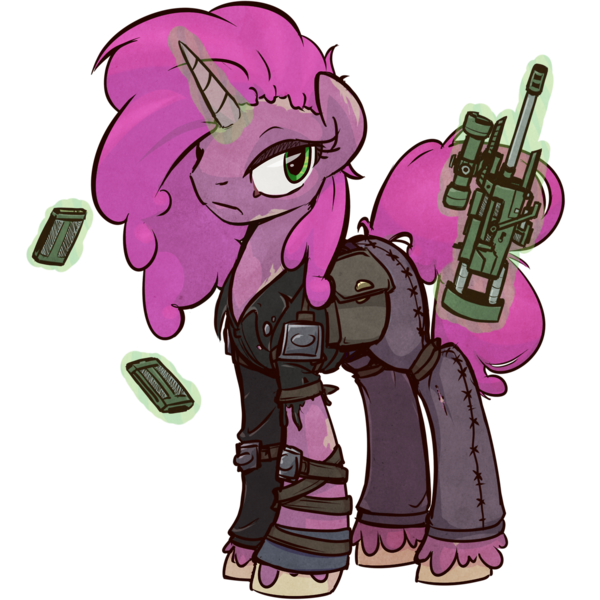 Size: 1280x1280 | Tagged: safe, artist:inlucidreverie, derpibooru import, oc, oc:paintblood, unofficial characters only, pony, unicorn, clothes, colored, dour, gun, leg strap, levitation, magic, male, saddle bag, serious, simple background, solo, torn clothes, transparent background, trap, unshorn fetlocks, weapon