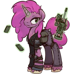 Size: 1280x1280 | Tagged: safe, artist:inlucidreverie, derpibooru import, oc, oc:paintblood, unofficial characters only, pony, unicorn, clothes, colored, dour, gun, leg strap, levitation, magic, male, saddle bag, serious, simple background, solo, torn clothes, transparent background, trap, unshorn fetlocks, weapon