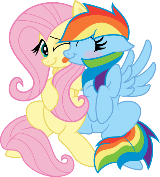 Size: 6000x6656 | Tagged: safe, artist:vladimirmacholzraum, artist:xquiizitgam3r, derpibooru import, fluttershy, rainbow dash, .svg available, absurd resolution, blushing, cute, dashabetes, eyes closed, female, floppy ears, flutterdash, lesbian, licking, shipping, shyabetes, simple background, sitting, smiling, spread wings, tongue out, transparent background, vector, wink