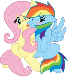 Size: 6000x6656 | Tagged: safe, artist:vladimirmacholzraum, artist:xquiizitgam3r, derpibooru import, fluttershy, rainbow dash, .svg available, absurd resolution, blushing, cute, dashabetes, eyes closed, female, floppy ears, flutterdash, lesbian, licking, shipping, shyabetes, simple background, sitting, smiling, spread wings, tongue out, transparent background, vector, wink