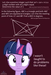 Size: 1020x1500 | Tagged: artist:parclytaxel, derpibooru import, faic, frown, geometry, magic, math, number theory, olympiad, princess celestia, question, safe, singapore, solo, sparks, text, triangles, tumblr, twilight sparkle, twilight sparkle (alicorn), twitwee