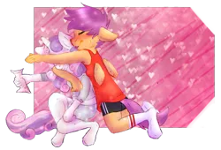 Size: 735x499 | Tagged: anthro, artist:mexicats, clothes, derpibooru import, female, from behind, lesbian, safe, scootabelle, scootaloo, shipping, socks, sweetie belle
