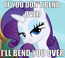 Size: 640x574 | Tagged: bend over, caption, derpibooru import, edit, edited screencap, image macro, implied rape, meme, rape joke, rarity, screencap, sex joke, solo, suggestive, threat