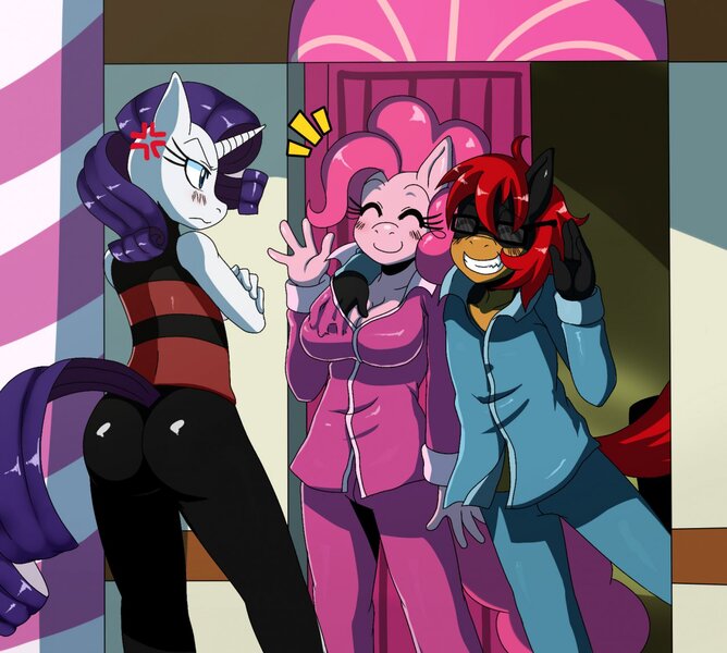 Size: 1280x1149 | Tagged: questionable, artist:ss2sonic, derpibooru import, pinkie pie, rarity, oc, oc:sweety swirl, anthro, blushing, breast fondling, breast grab, breasts, canon x oc, clothes, eyes closed, furry, grin, grope, pajamas