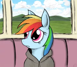 Size: 2400x2100 | Tagged: anthro, artist:zirbronium, clothes, derpibooru import, jacket, rainbow dash, safe, solo, train, worried