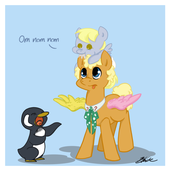 Size: 800x800 | Tagged: safe, artist:caycowa, derpibooru import, derpy hooves, doctor whooves, time turner, ponified, penguin, pony, baby, baby pony, frobisher, image, png, sixth doctor