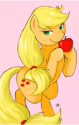 Size: 700x1108 | Tagged: safe, artist:diasfox, derpibooru import, applejack, pony, apple, bipedal, hatless, looking at you, missing accessory, simple background, solo