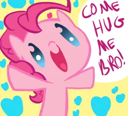 Size: 900x818 | Tagged: artist:tess, come at me bro, come hug me bro, cute, derpibooru import, diapinkes, heart, hug, open mouth, pinkie pie, safe, smiling, solo