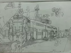 Size: 3264x2448 | Tagged: safe, artist:orang111, derpibooru import, carrot top, cheerilee, derpy hooves, golden harvest, roseluck, pegasus, pony, anon pony, comments, emd, female, house, houses, locomotive, mare, monochrome, railroad, railroad crossing, traditional art, train