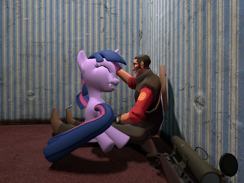 Size: 1024x768 | Tagged: safe, artist:funsketch, derpibooru import, twilight sparkle, human, pony, unicorn, 3d, cute, eyes closed, female, gmod, gun, hooves, horn, mare, open mouth, optical sight, petting, rifle, smiling, sniper, sniper rifle, team fortress 2, teeth, weapon