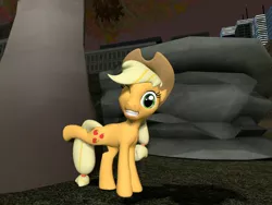 Size: 1024x768 | Tagged: 3d, applejack, artist:funsketch, bucking, city, cute, derpibooru import, gmod, hat, looking at you, night, rock, safe, smiling, solo, tree, wink