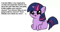 Size: 999x540 | Tagged: safe, derpibooru import, twilight sparkle, pony, unicorn, adolf hitler, exploitable meme, filly, filly twilight sparkle, filly twilight telling an offensive joke, holocaust joke, joke, meme, obligatory pony, solo, vulgar