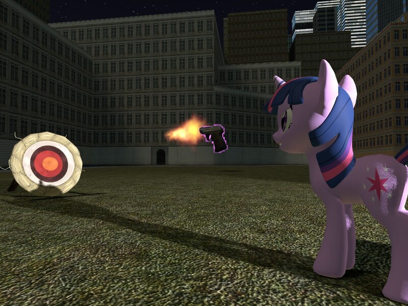 Size: 1024x768 | Tagged: 3d, artist:funsketch, city, concentrating, derpibooru import, floating, focus, gmod, gun, magic, night, safe, shooting, smiling, solo, target, twilight sparkle