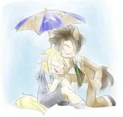Size: 1461x1389 | Tagged: anthro, artist:annie-aya, derpibooru import, derpy hooves, doctorderpy, doctor whooves, eared humanization, female, human, humanized, male, rain, safe, shipping, straight, tailed humanization, time turner, umbrella, winged humanization