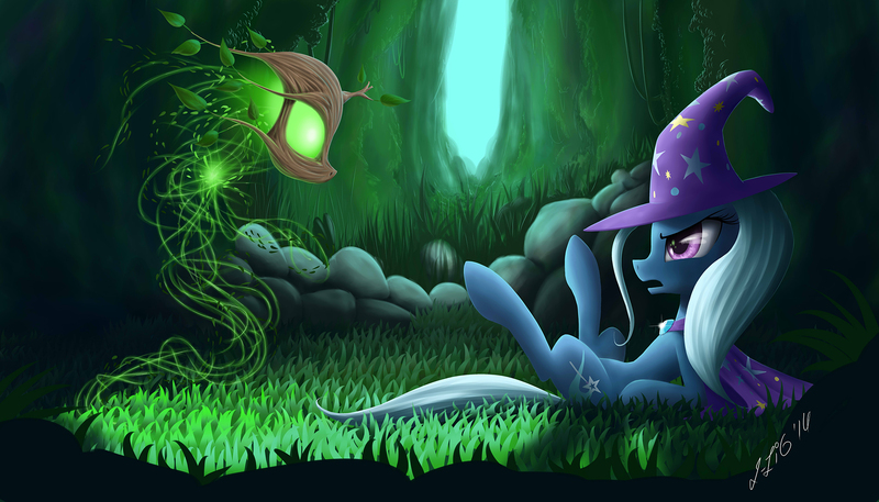 Size: 1944x1111 | Tagged: artist:zigword, cave, eye contact, frown, glare, glow, grass, green, legs in air, magic, on back, open mouth, rock, safe, scenery, spriggan, trixie