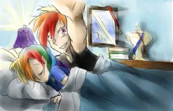 Size: 1641x1059 | Tagged: artist:annie-aya, bae caught me sleepin, bed, book, dashblitz, derpibooru import, female, human, humanized, lamp, looking at you, male, medals, pillow, portrait, rainbow blitz, rainbow dash, rule 63, safe, selfcest, selfie, self ponidox, shipping, sleeping, straight, trophy