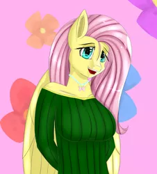 Size: 950x1050 | Tagged: anthro, artist:iluvhalo, breasts, busty fluttershy, clothes, derpibooru import, female, fluttershy, safe, solo, sweater, sweatershy