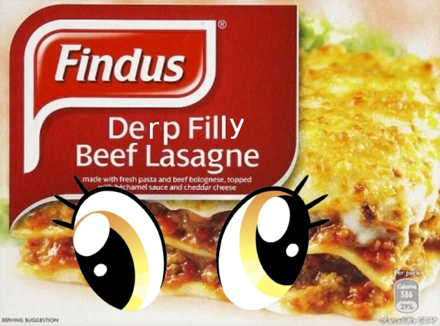 Size: 634x470 | Tagged: semi-grimdark, derpibooru import, derpy hooves, pegasus, pony, 2013 horsemeat scandal, derp, female, findus, food, horse meat, horsemeat, lasagna, mare, meat, scandal, wat