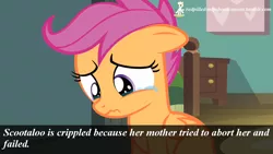 Size: 1280x720 | Tagged: abortion, caption, derpibooru import, dude not cool, headcanon, redpilled-mlp-headcanons, scootabuse, scootaloo, scootaloo can't fly, semi-grimdark, solo, teary eyes