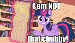 Size: 940x540 | Tagged: safe, derpibooru import, edit, screencap, twilight sparkle, twilight sparkle (alicorn), alicorn, pony, testing testing 1-2-3, chubby, exploitable meme, female, i am not that tall, image macro, mare, meme, rainbow dash's centerfold, solo