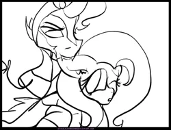 Size: 500x379 | Tagged: safe, artist:shady, derpibooru import, fluttershy, king sombra, pegasus, pony, unicorn, black and white, cape, clothes, ear bite, fangs, female, grayscale, male, mare, monochrome, shipping, simple background, sombrashy, stallion, straight, white background