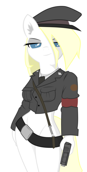 Size: 637x1253 | Tagged: anthro, anthro oc, artist:dasarchie, artist:the-wag, bedroom eyes, belt, blonde, bottomless, breasts, clothes, derpibooru import, female, gun, hat, hips, implied violence, necktie, oc, oc:aryanne, partial nudity, sexy, simple background, sinfully sexy, smiling, solo, solo female, suggestive, transparent background, uniform, unofficial characters only, vector