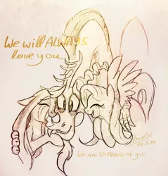 Size: 1546x1614 | Tagged: artist:elbdot, crying, cute, derpibooru import, dialogue, discord, discute, eyes closed, floppy ears, fluttershy, grin, group hug, hug, monochrome, oc, safe, signature, sketch, smiling, spread wings, tears of joy, traditional art, trio