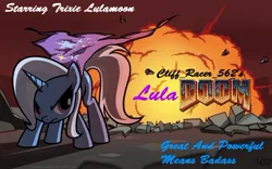 Size: 600x375 | Tagged: safe, artist:yikomega, derpibooru import, edit, trixie, pony, unicorn, cover, doom, female, mare, solo