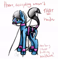 Size: 883x904 | Tagged: artist:starshinefox, bondage, bound wings, collar, colored sketch, cuffs, derpibooru import, gag, money, money gag, oc, oc:silent shield, sketch, spreader bar, suggestive, text, unofficial characters only