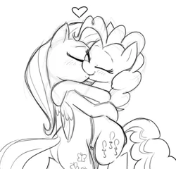 Size: 543x522 | Tagged: artist:mickeymonster, derpibooru import, female, flutterpie, fluttershy, kissing, lesbian, monochrome, pinkie pie, safe, shipping