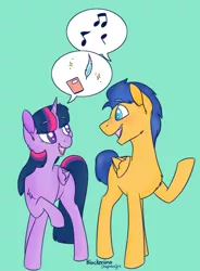 Size: 500x679 | Tagged: safe, artist:dragonfoxgirl, artist:flower-power-love, derpibooru import, flash sentry, twilight sparkle, twilight sparkle (alicorn), alicorn, pony, blushing, book, female, flashlight, male, mare, music, pictogram, quill, shipping, smiling, speech bubble, straight