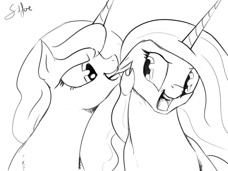 Size: 1280x960 | Tagged: artist:silfoe, biting, derpibooru import, ear bite, glare, grayscale, grin, lunadoodle, monochrome, nom, open mouth, princess celestia, princess luna, safe, sketch, smiling