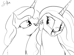 Size: 1280x960 | Tagged: artist:silfoe, biting, derpibooru import, ear bite, glare, grayscale, grin, lunadoodle, monochrome, nom, open mouth, princess celestia, princess luna, safe, sketch, smiling