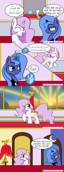 Size: 1280x3412 | Tagged: artist:askthefillies, ask the fillies, cake, cewestia, chef, comic, derpibooru import, filly, magic, philomena, princess celestia, princess luna, raising the sun, safe, sun, tiberius, tumblr, woona