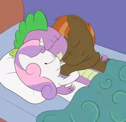 Size: 1700x1650 | Tagged: safe, artist:pvryohei, derpibooru import, button mash, spike, sweetie belle, dragon, pony, bed, bisexual, female, gay, hug, lucky bastard, male, ot3, shipping, sleeping, snuggling, spike gets all the foals, spikebelle, spikemash, spweetiemash, straight, sweetiemash