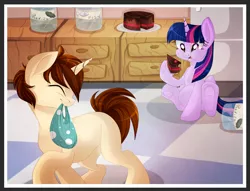 Size: 1800x1375 | Tagged: safe, artist:blackfreya, derpibooru import, twilight sparkle, twilight sparkle (alicorn), ponified, alicorn, pony, cake, crossover, crossover shipping, eating, female, food, jar, kitchen, mama twilight, mare, peter parker, pickle jar, pregnant, spider-man, spiders and magic ii: eleven months, spiders and magic: rise of spider-mane, spidertwi