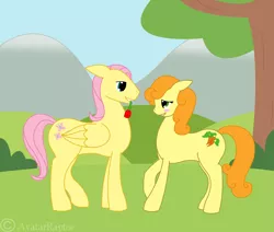 Size: 4050x3442 | Tagged: safe, artist:avatarraptor, derpibooru import, carrot top, fluttershy, golden harvest, earth pony, pegasus, pony, blushing, butterscotch, female, floppy ears, flower, flower in mouth, fluttertop, half r63 shipping, looking at each other, male, mare, mouth hold, rule 63, shipping, stallion, straight