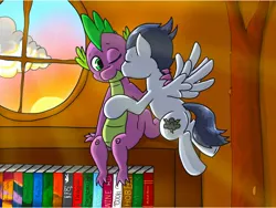 Size: 2048x1536 | Tagged: artist:kill joy, cute, derpibooru import, gay, kissing, library, male, older, rumble, rumblespike, safe, shipping, source needed, spike